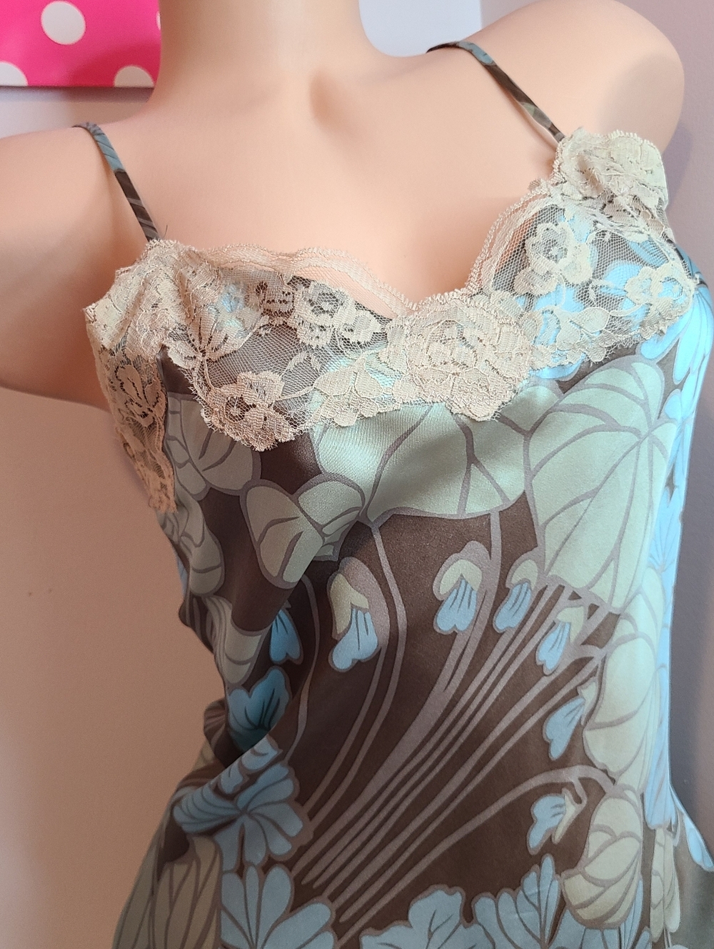 VTG NY&CO 100% Silk & Lace Floral Print Camisole Size Sm Brown & Blue - Picture 3 of 8
